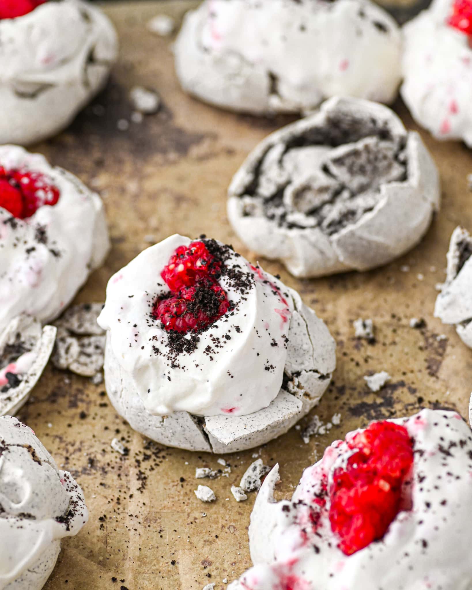 Oreo Pavlovas with Raspberry Whipped Cream